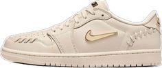 Gold Modern Sneakers For Streetwear, Modern Cream Sneakers For Sports, Classic Gold Sneakers For Streetwear, Light Brown Leather, Womens Air Jordans, Jordan 1 Low, Gold Branding, Air Jordan 1 Low, Feature Light