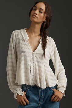 By Anthropologie Long-Sleeve Button-Front Textured Blouse Anthropologie Clothing, Textured Blouse, Kimono Sweater, Unique Blouse, Half Zip Sweaters, Outfit Inspo Fall, Lace Bodysuit, Fall Outfit, Nice Tops