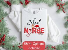 Sweatshirt or/and Shirt available! School Nurse Christmas sweatshirt, Nurse, Nurse Christmas Shirt, Nurse Practitioner, Registered Nurse Shirt, Gift for Nurse Appreciation, ER Nurse   This unisex short sleeve jersey is the highly rated Bella & Canvas soft cotton crew neck tee. The durable ribbed collar, tapered shoulder and dual side seams represent the quality craftsmanship that give this garment it's durability over time. This shirt also features the tear-away garment label. Lightweight fabric Pre-shrunk Long Sleeve T-shirt As A Gift, Long Sleeve Pre-shrunk T-shirt As Gift, Winter Gift Shirt With Letter Print, Winter Letter Print Shirt For Gift, Winter Letter Print Shirt Gift, Long Sleeve Shirt For Christmas Gift, White Letter Print Shirt For Winter, Relaxed Fit Long Sleeve T-shirt For Gift, Relaxed Fit Long Sleeve T-shirt As Gift