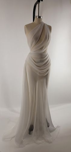 PRE-ORDER Handmade Draped off White Chiffon Sheer Mesh Wedding Reception Gown Dress Bridal - Etsy Couture Chiffon Dress, Angelic Dress Goddesses, Flamboyant Wedding Dress, White Couture Fashion, Pearl Lace Wedding Dress, Wedding Evening Dress With Draped Sweep Train, Draped Evening Dress With Sweep Train For Wedding, Pre-draped Organza Evening Dress For Wedding, White Chiffon Evening Dress