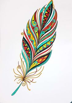 a drawing of a colorful feather on a white background