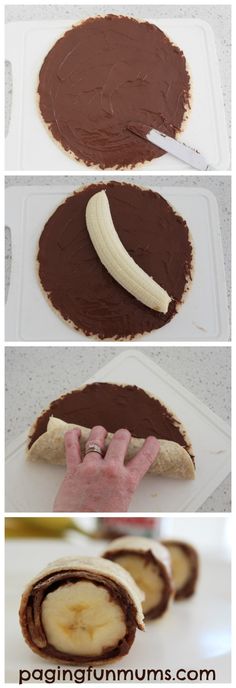 three pictures showing how to make chocolate and banana slices in the shape of an egg