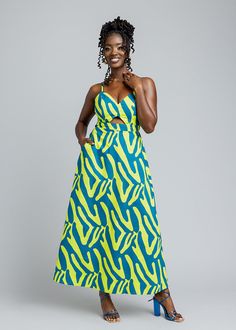 Style#1125LZA The Anjiola Women's African Print Maxi Dress in Lime Zebra Abstract shines with vibrant allure, perfect for any occasion from sun-kissed outings to date night. It presents a sleek, flattering top with sexy cut-out under the bust that smoothly flows into a beautiful maxi length skirt with hidden pockets at the waist. Step into a world of sophistication with this bold wardrobe addition. Shop the matching items. *Disclaimer* Please refer to the fabric image for the true color of this Yellow Cutout Dress For Summer, Summer Sleeveless Dress With Bold Print, Vibrant Green Maxi Dress For Day Out, Sleeveless Maxi Dress With Bold Print For Spring, Spring Sleeveless Maxi Dress With Bold Print, Green Bold Print Dress For Vacation, Multicolor Cutout Dresses For Summer, Bold Print Green Dress For Vacation, Tropical Green Dresses For Summer Parties