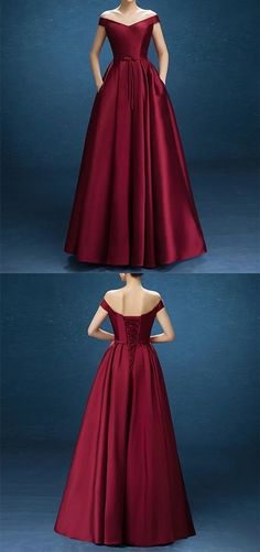 Burgundy Off Shoulder Satin Long Party Dress, Charming Party Gowns on Luulla Off The Shoulder Prom Dresses, Party Dress Classy, Long Party Dress, Dresses With Pockets, Prom Dresses With Pockets, Pakaian Feminin, Long Prom Gowns, Burgundy Dress, Party Dress Long