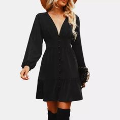 Women's Plunge Neck Button Loop Mini Dress Chic V-neck Dress With Buttons, V-neck Mini Dress With Button Closure For Date Night, Black V-neck Mini Dress With Button Closure, V-neck Dress With Button Closure For Night Out, Evening V-neck Mini Dress With Buttons, Black Fitted V-neck Dress For Brunch, Chic Black V-neck Dress For Brunch, V-neck Mini Dress With Buttons For Day Out, Chic Fitted V-neck Dress With Buttons