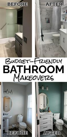 bathroom remodel before and after pictures with text overlaying the image in black