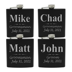 three personalized flasks with names and date printed on the side, one is black