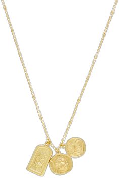 Gold-tone Medallion Charm Necklace, Gold Charm Necklace With Medallion, Gold Initial Pendant Amulet Jewelry, Dainty Gold-plated Locket Necklace, Amulet Style Gold Plated Charm Necklace With Adjustable Chain, Gold Plated Amulet Charm Necklace With Adjustable Chain, Gold Coin Necklace With Charms In Amulet Style, Gold Plated Tarnish Resistant Locket Pendant Necklace, Gold Plated Tarnish Resistant Pendant Locket Necklace