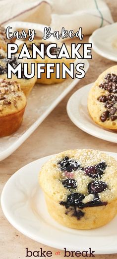 easy baked pancake muffins with blueberries and powdered sugar on top