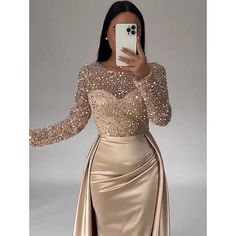 Silhouette:Mermaid / Trumpet; Hemline / Train:Floor Length; Closure:Zipper UP; Built-In Bra:Yes; Embellishment:Pearls,Overskirt; Fabric:Satin,Sequined; Sleeve Length:Long Sleeve; Tips:Colors may vary slightly due to different monitor settings,Professional dry cleaner only; Boning:No; Style:Sparkle  Shine,Elegant; Occasion:Carnival,Masquerade; Neckline:Illusion Neck; Front page:Evening Gown; Listing Date:08/29/2023; Bust:; Hips:; Hollow to Floor:; Waist:; Features:Champagne Mother Of the Bride Dr Fall Wedding Reception, Cocktail Dress Elegant, Satin Dresses Long Sleeve, Sequin Evening Gowns, Satin Dress Long, Evening Dresses Online, Fall Wedding Guest Dress, Dresses Formal Elegant, Cheap Evening Dresses