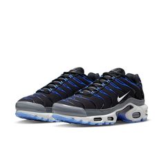 Nike Air Max Plus 'Black Royal Blue' DH4776-003 Dynamic Carbon Sneakers With Cushioned Footbed, Sporty Carbon Sneakers With Air Cushioning, Nike Carbon Color Sneakers For Sports, Nike Casual Carbon Sneakers, Carbon Low-top Sneakers With Air Cushioning, Carbon Color Casual Training Sneakers, Casual Nike Carbon Sneakers, Black Nike Air Max For Jogging, Blue Nike Air Max For Streetwear With Boost Midsole