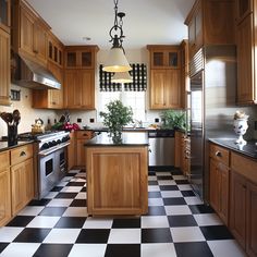 a kitchen with black and white checkered flooring, wooden cabinets and stainless steel appliances