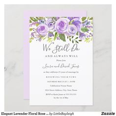 purple flowers and greenery are on the front of this floral wedding shower or bridal party card