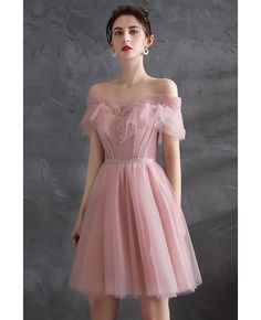 Buy sequined cute pink tulle short homecoming prom dress off shoulder at wholesale price online. Free shipping and pro custom service since 2009. Pink Tulle Dress Short, Blush Pink Homecoming Dress, Light Pink Dress Short, Prom Dress Off Shoulder, Pink Sparkly Dress, Tulle Dress Short, Debut Dresses, Pastel Pink Dress, Dresses Graduation