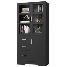 a tall bookcase with two doors and three drawers on each side, in dark grey