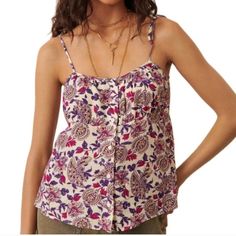 Nwt Ba& Sh Yvie Floral Paisley Tank Top Blouse Medium New New With Tags Women's Size Medium Pit To Pit 16" 100% Viscose Floral-Print Crepe Gathered Button Fastenings Through Front Ties At Shoulders Non-Stretchy Fabric Mid-Weight Fabric Hand Wash Or Dry Clean Feminine Purple Top With Floral Print, Casual Purple Top With Paisley Print, Casual Purple Paisley Print Top, Purple Floral Print Top For Day Out, Sleeveless Purple Blouse With Floral Print, Green Silk Shirt, Honey Shirt, Tie Neck Shirt, Lace Trim Tank Top