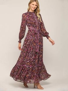 Fate Eggplant Tie Waist Maxi Dress on model from front Purple Bohemian Maxi Dress For Fall, Bohemian Purple Maxi Dress For Fall, Purple Paisley Print Dress For Spring, Purple Paisley Print Spring Dress, Elegant Paisley Print Maxi Dress For Fall, Flowy Purple Maxi Dress For Fall, Long Sleeve Purple Maxi Dress For Fall, Tied Maxi Dress, Black Date Night Outfit