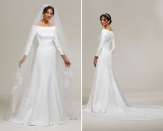 two pictures of the same woman in wedding dresses