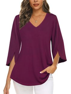 PRICES MAY VARY. [Premium Wrinkle Free Materials] Womens tops 3/4 length sleeves made up of 95% polyester,5% spandex with skin-friendly wrinkle free material,which is ultra soft, highly elastic,breathable,not see-through.Blouses for women make you get rid of wrinkles and iron annoyance.Slimming your figure without clinging and give you perfect look,at the same time be ultra comfortable [Unique 3/4 Ruffle Split Sleeve] V-neck Summer tops/3/4 sleeve ruffle split sleeve/loose fit.Feminine womens to Stretch V-neck Long Sleeve Top For Summer, Summer Long Sleeve V-neck Top, Summer Bell Sleeve Tops, Stretch Long Sleeve Top For Fall, Stretch Blouse With 3/4 Sleeves, Fat Arms, Get Rid Of Wrinkles, Tops Trendy, Fall Tops