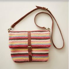 New With Tags Delightfully Textural, Crocheted Cotton In A Clever, Foldover Design With Magnetic Closures Under A Decorative, Buckled, Leather Strap. Adjustable Crossbody Strap, One Inner Pocket. Imported. Approx. 11-1/4"W X 2"D X 9"H, Folded. Aged Brass Hardware, Crochet Colorful, Spring Stripes, Sundance Catalog, Shades Of Yellow, Crossbody Strap, Stripes Pattern, Leather Trims, Bags Handbags