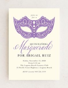 a purple masquerade for abigail rubz party card on a white background