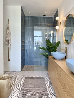 a modern bathroom with blue and white tiles