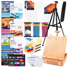 an artist's easel with paint, pencils, and other art supplies