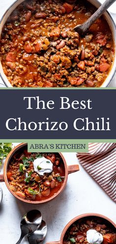 two pictures with different food items and the words chorizo chili