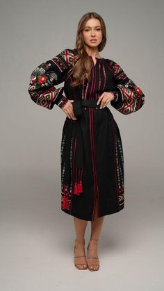 Embroidered Black Color Dress for Women. Vyshyvanka. Embroidered Boho Dress. Long Dress. Bohemian Dress. Dress with Geometric and Floral Embroidery. ------------------------------------------ This stylish dress is made from 100% linen in a classic black color, combining elegance and comfort. Linen ensures breathability and lightness, while the black hue gives the dress a timeless and versatile look. The dress features rich embroidery in satin stitch, incorporating both floral and geometric patte Black Embroidered Dress With Geometric Patterns For Spring, Black Folk Dresses With Intricate Embroidery, Traditional Black Dress With Geometric Embroidery, Black Long Sleeve Dress With Geometric Embroidery, Long Sleeve Black Dress With Geometric Embroidery, Traditional Black Embroidered Dress, Traditional Black Dress With Embroidered Hem, Black Long Sleeve Folk Dress, Chic Long Dress