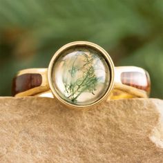 Moss Agate Ring with Wood Inlays Bezel Set Cabochon, Women's Wedding Bands, Handcrafted Engagement Ring, Moss Agate Engagement Ring, Agate Engagement Ring, Agate Cabochon, Round Rings, Womens Wedding Bands, Bridal Set