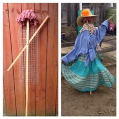 two pictures one with a scarecrow and the other with a hat holding a stick