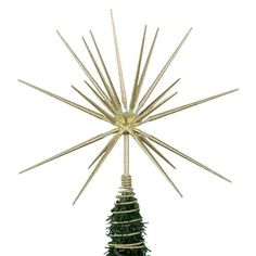 a green christmas tree with gold stars on it's top and the base is shaped like a starburst