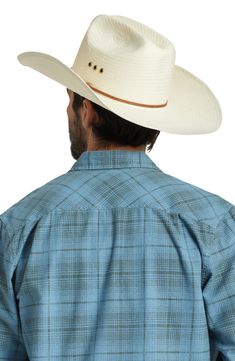 Elevate your Western style in this on-trend straw cowboy hat with a slender leather band around the crown. Straw Spot clean Imported White Western Straw Hat With Short Brim, White Straw Hat With Short Brim For Ranch, White Western Style Straw Hat With Short Brim, White Brimmed Straw Hat For Rodeo, White Straw Hat With Curved Brim For Ranch, White Western Wide Brim Straw Hat, White Flat Brim Straw Hat For Rodeo, White Country Straw Hat For Rodeo, White Western Fedora Straw Hat