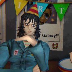 an animated character sitting at a table in front of a birthday sign and bunting