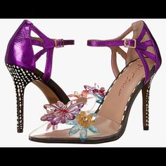 Betsey Johnson Printed Stiletto Heel Pointed Toe Design Floral Embellishments Ankle Buckle Closure Betsey Johnson's Laen Features A Classic Pointed Toe Design Embellished With Beautiful Flowers And Patterned Accents All Around. The Perfect Shoe For A Confident Dresser! Silver Sandals Heels, Floral Print Shoes, Feather Heels, Bling Heels, Rose Gold Heels, White Sandals Heels, Gorgeous Heels, Bow Pumps, Rhinestone Shoes