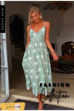 Casual Green Sling Print Women Dress Summer Sexy V-neck Holiday Style Maxi Dress Elegant High-waist Lace-up Ruffle Dress V-neck Sundress Suspender Dress For Brunch, Summer V-neck Maxi Dress With Straps, Brunch Sundress With V-neck Suspender, V-neck Suspender Sundress For Brunch, Spring V-neck Suspender Dress For Brunch, Green V-neck Suspender Dress For Summer, Fitted Summer Suspender Dress With V-neck, V-neck Suspender Dress For Spring Brunch, Chic V-neck Sundress With Straps