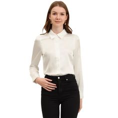 The long-sleeve fit of this shirt flatters most body types and provides enough coverage for a modest yet stylish look. The button-up front of this shirt makes it easy to wear and provides a timeless and classic look that never goes out of style. This shirt can be paired with dress pants or skirts for a formal workwear look, or dressed down with jeans or shorts for a more casual yet polished outfit.