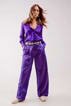 Full length. Pants. Plain design. High rise . Wide leg. Tailored. Belt loops. Glossy satin-style fabric . Side pockets . Zip fastening. Functional pockets. runs true to size. S. 96% Polyester 4% Elastane Tan Scarf, Satin Style, Chic Pants, Purple Pants, Satin Pants, Purple Satin, Satin Shirt, Pleated Pants, Double Breasted Suit