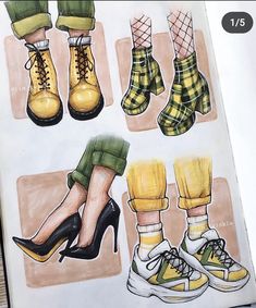 an open book with drawings of different types of shoes