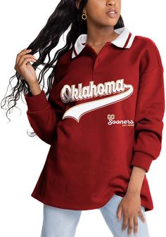 Display your Oklahoma Sooners spirit in this Oklahoma Crimson T-Shirt! This Oklahoma Happy Hour Knit Collared Long Sleeve T-Shirt makes a great layer for cooler nights cheering on the Sooners. Featuring a screen print team name on center chest, this Oklahoma Sooners Long Sleeve LS Tee is a must-have for any fan. Boomer Sooner! Collared College Style Tops, Collared Tops For College In Spring, Oversized College Style Tops For Fall, Oversized Tops For Fall College Style, Spring Collared Tops With Letter Print, Spring Collared Top With Letter Print, University Red Long Sleeve Tops For Winter, Red Collared Top For Fall, Trendy Fall Tops With Collared Neckline