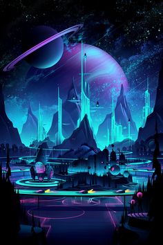 an image of a futuristic city with planets and stars in the sky, as well as mountains