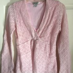 Never Worn, Beautiful Soft Women's Sweater By Uniform By John Paul Richard , Pink, Lined, Sleeves Are See Through, Criss Cross Neck Line, Slightly Flared Arms, Size Small Spring Fitted V-neck Sweater, Fitted Cotton Feminine Sweater, Fitted Feminine Cotton Sweater, Uniform Sweater, Cross Neck, John Paul, Women's Sweater, Criss Cross, Soft Pink