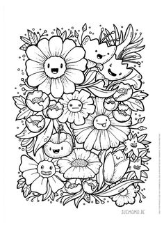 an adult coloring page with flowers and birds