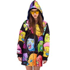 Personality Fashion Halloween Cartoon Print Hooded Jacket Fun Multicolor Hooded Outerwear, Fun Winter Streetwear Outerwear, Fun Multicolor Winter Outerwear, Hip Hop Style Outerwear With Adjustable Hood For Fall, Hip Hop Halloween Streetwear Outerwear, Hip Hop Halloween Outerwear For Streetwear, Hip Hop Streetwear Outerwear For Halloween, Alternative Fashion Halloween Hoodie, Hooded Jacket With Drawstring Hood For Halloween Streetwear