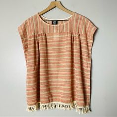 Bobeau Top - Oversized Fit - Boho Style - Fringe Along Hem - See Through Fabric - Polyester/Rayon/Spandex Blend Approximate Measurements Lying Flat Chest Across 32" Length From Shoulder To Hem 25" Orange Relaxed Fit Top For Beach, Orange Crew Neck Top For Beach, Orange Bohemian Relaxed Fit Top, Wide Sleeve Top, Cotton Lace Tops, Black Floral Blouse, White Lace Blouse, Scoop Neck Blouses, Bohemian Tops