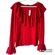 Nwt! Ny&C New York & Company Red Glitter Shimmer Ruffled Blouse Top Sweater, Sz L - Approx Chest:38", Length: 24"Inches - Rayon/Polyester/Metallic - Shimmery - Stretchable - Pull-On Closure Thank You! Winter V-neck Top With Ruffles, Chic Red Holiday Tops, Red Winter Blouse For Party, Red Winter Party Blouse, Casual Holiday Tops For Night Out, Winter Ruffle Top For Night Out, Ruffled Tops For Winter Night Out, Ruffled Top For Night Out In Winter, Red V-neck Holiday Top