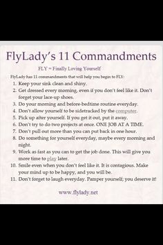 a poem written in purple and white with the words fly lady's 11 commandments