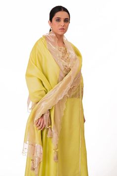 Lime green kurta with embroidered banarasi jacquard tissue yoke. Paired with a slub silk pant and chanderi dupatta with scalloped tissue detailing. - Aza Fashions Elegant Green Palazzo Set With Sheer Dupatta, Green Tissue Silk Dupatta For Reception, Elegant Green Palazzo Set With Traditional Drape, Elegant Pista Green Palazzo Set With Sheer Dupatta, Elegant Green Tissue Silk Anarkali Set, Elegant Green Silk Anarkali Set, Silk Palazzo Set With Traditional Drape Self Design, Green Palazzo Set With Sheer Dupatta In Traditional Drape, Traditional Drape Silk Palazzo Set With Self Design