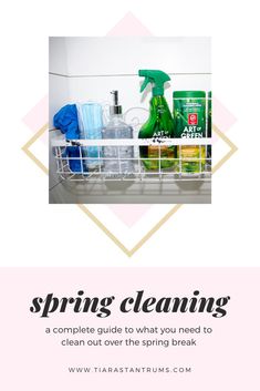 a white basket filled with cleaning supplies next to the words spring cleaning on top of it