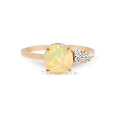 Opal Engagement Ring/Natural Ethiopian Opal Rose Gold Diamond Cluster Ring/14k Solid Gold/Unique Bridal Anniversary Ring/Opal Gold Jewelry  CUSTOM/DUTY FREE SHIPPING WORLDWIDE, BUYERS DON'T HAVE TO PAY ANY CUSTOM FEES WHILE IMPORTING  Details Material: 14k/18k Gold Color Options: Yellow Gold, White Gold, Rose Gold ★ Center Stone Ethiopian Opal, Round Size: 8 mm Approx Weight (Ct): 1.215 ★ Accent Stones Diamond/cz Round Size: 1.8 mm * 2 Nos, 1.5mm * 3 Nos Approx Weight (Ct): 0.092 ★ 100% Natural Heirloom Ethiopian Opal Round Ring, Yellow Gold Opal Ring In Fine Jewelry Style, Yellow Gold Opal Birthstone Ring, Fine Jewelry Yellow Gold Opal Ring, Ethiopian Opal Multi-stone Ring, Gold Opal Ring With Prong Setting, Yellow Gold Ethiopian Opal Ring For Anniversary, Yellow Gold Ethiopian Opal Anniversary Ring, Anniversary Ethiopian Opal Ring In Yellow Gold